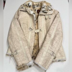 MNG Genuine Leather Aviator Jacket Size L - Faux Fur Leopard Lining